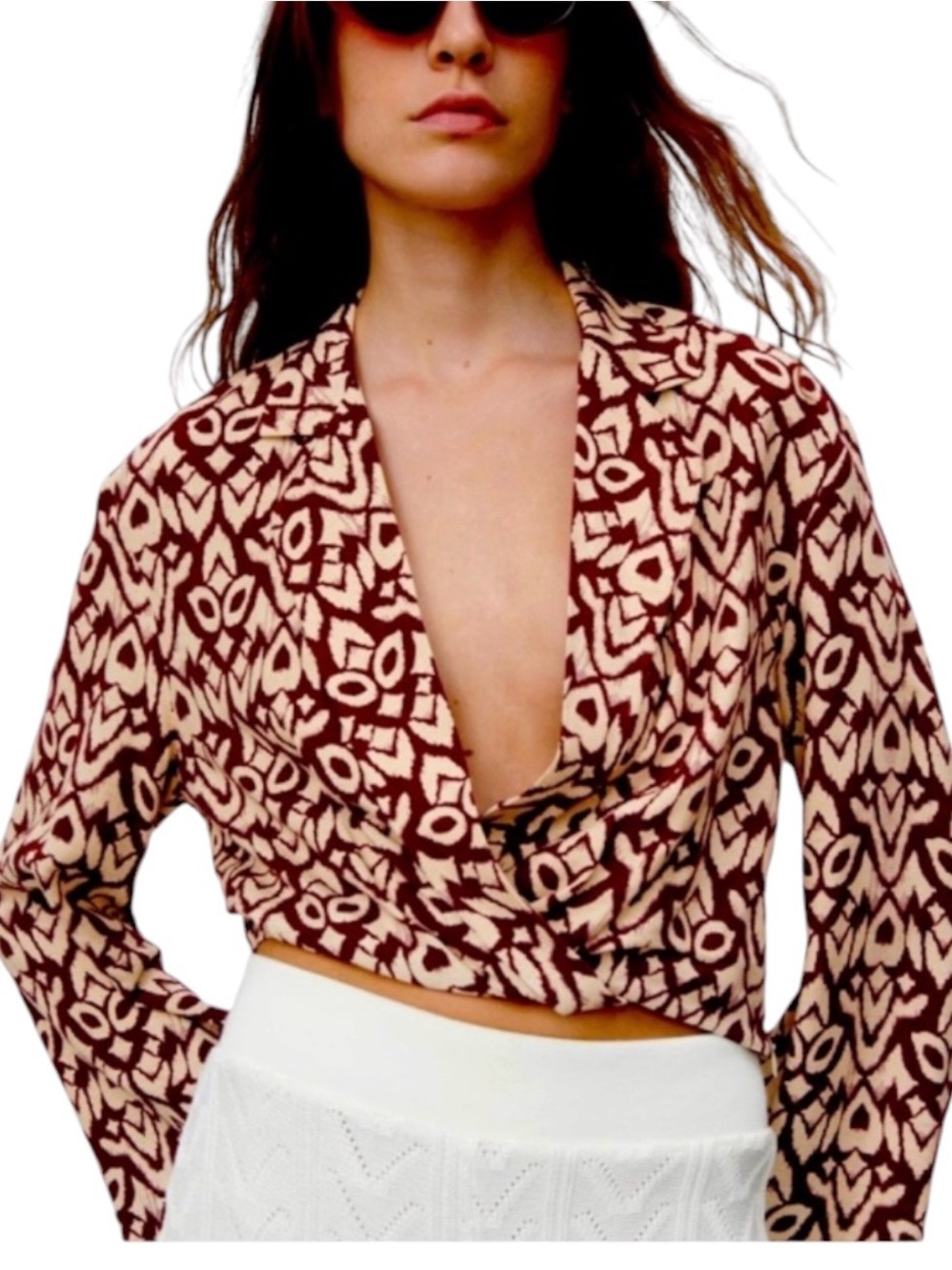 Zara Burgundy Cream Faux Wrap Blouse Print Vneck S